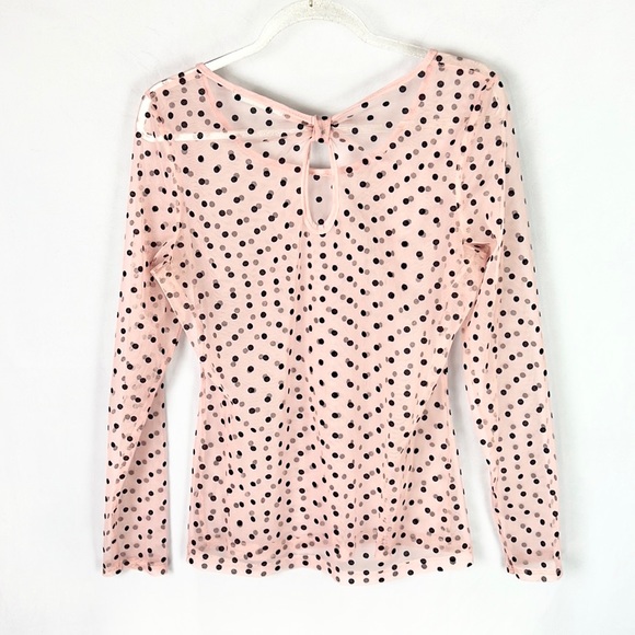 MAURICES |🎀Light Pink Navy Blue Polka Dots Long-Sleeved Sheer Mesh Shirt Blouse - Picture 3 of 8